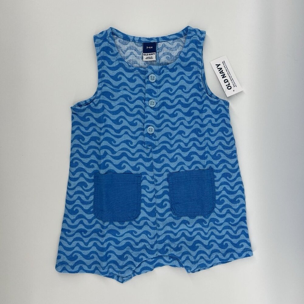 Old Navy Baby Romper Blue Wave Linen Blend Henley One Piece 18-24 months
